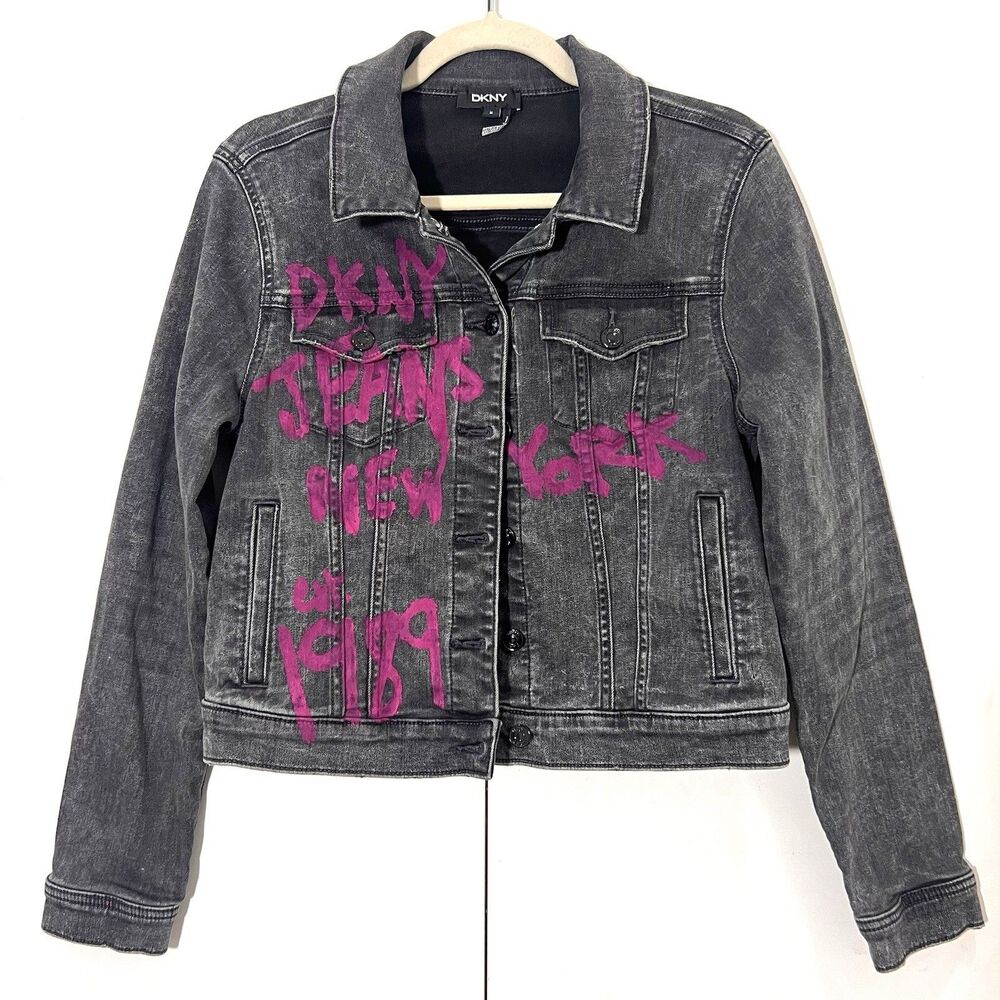 DKNY Denim Jacket‎ Womens M Washed Black Painted Graffiti Y2K